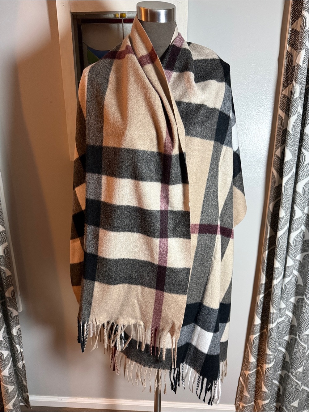 SKY Cashmere Virgin Wool Plaid Blanket Scarf Wrap Cape Checkered Luxury